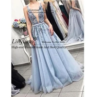 sexy v neck appliques lace beading blue prom dresses long 2020 backless tulle a line evening dress vestido de festa longo