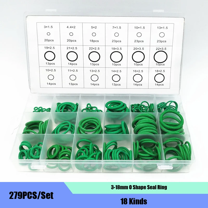 

279PCS/Set 18 Kinds 3-18mm Green O Shape Seal Ring Part Assortment