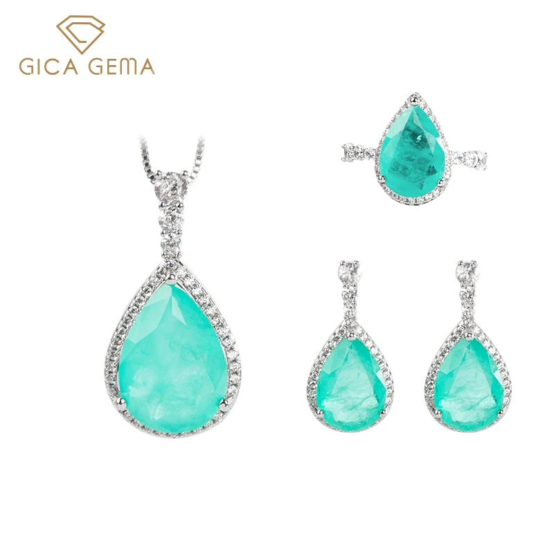 

GICA GEMA Water Drop Paraiba Jewelry Set For Women 925 Sterling Silver Pendant Ring Gemstone Anniversary Engagement Fine Jewelry