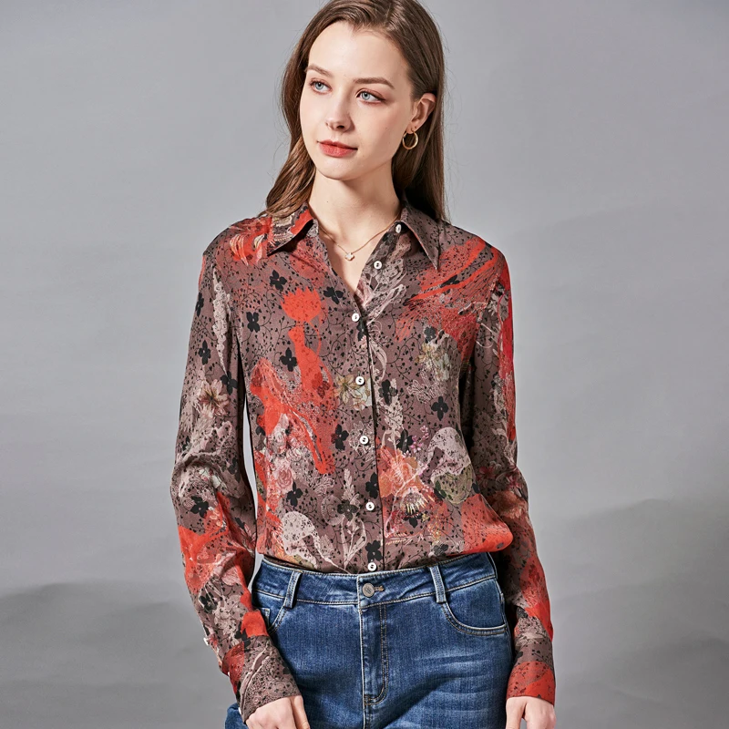 

Женская рубашка из 92% шелка, 8% спандекса, Элегантная блузка с отложным воротником, длинными рукавами и цветочным принтом