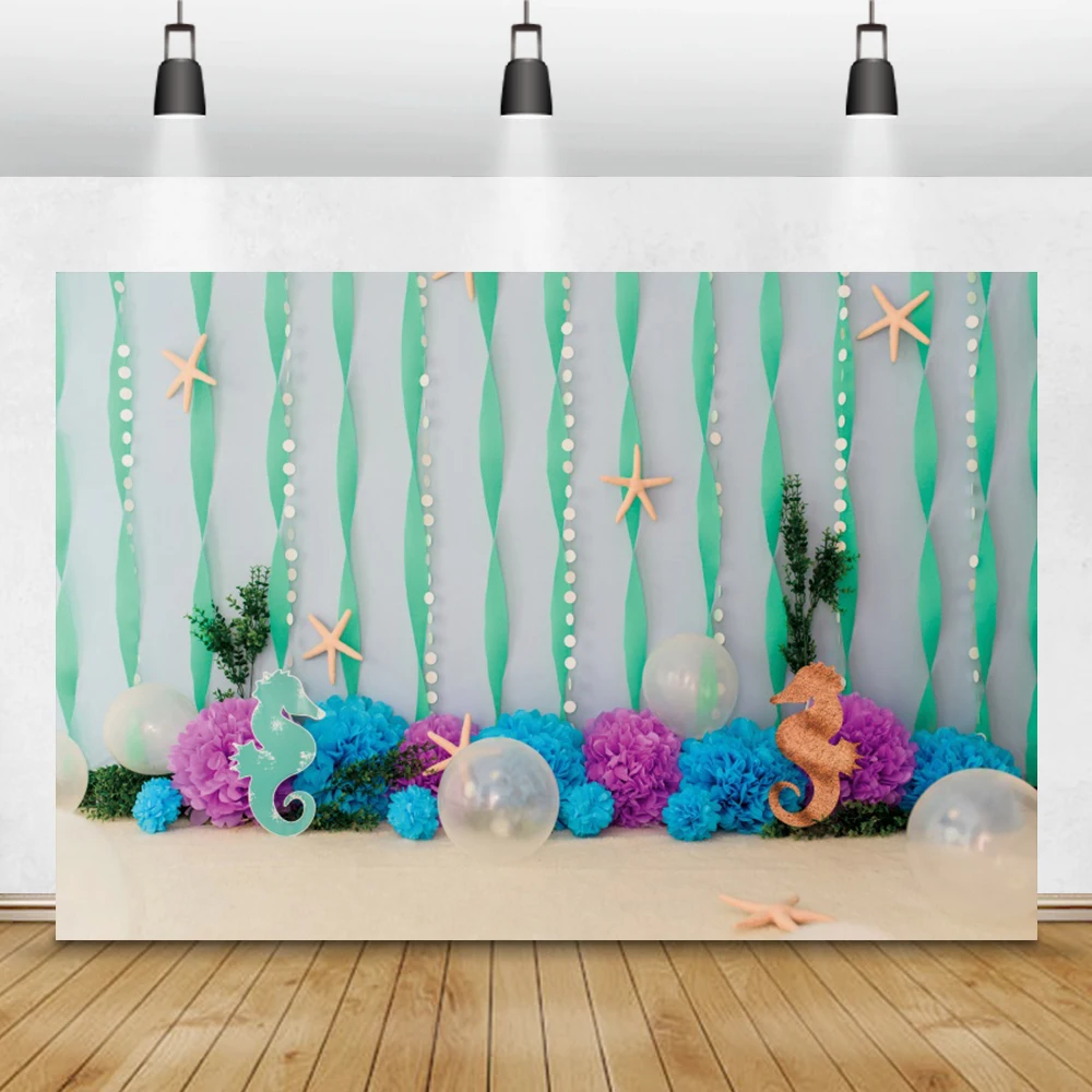 

Laeacco Birthday Party Backgrounds Balloons Flowers Seaweed Starfish Mermaid Baby Shower Photography Backdrops For Photo Studio