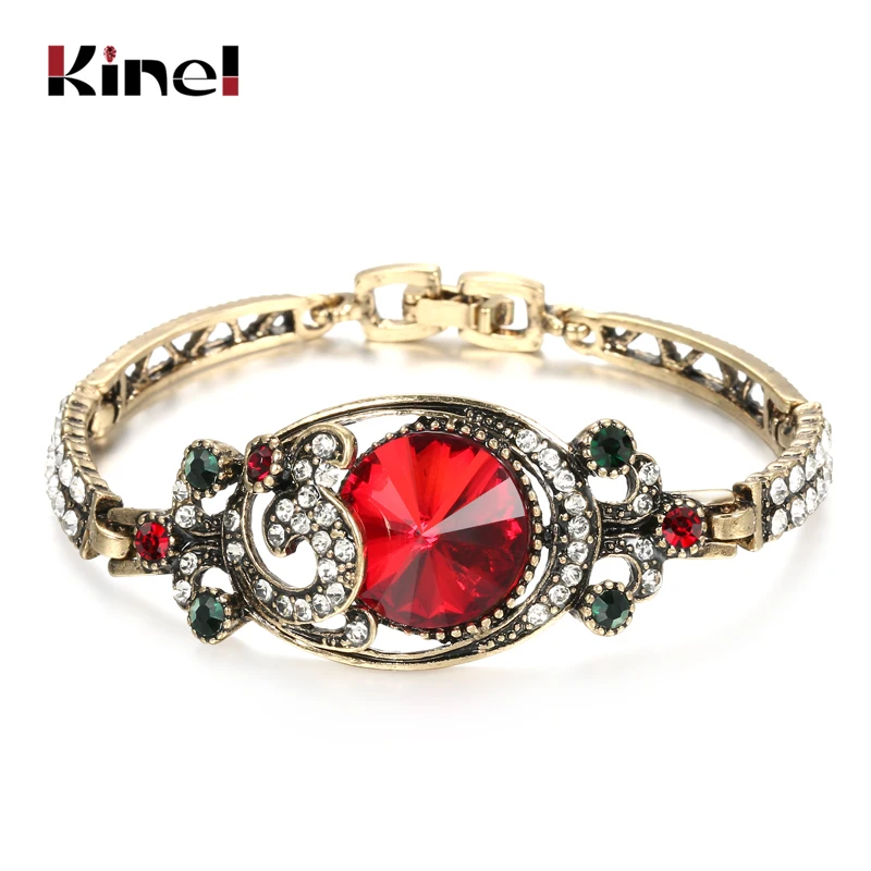 Женский винтажный браслет Kinel с красными спутниками золотым и белым кристаллом в