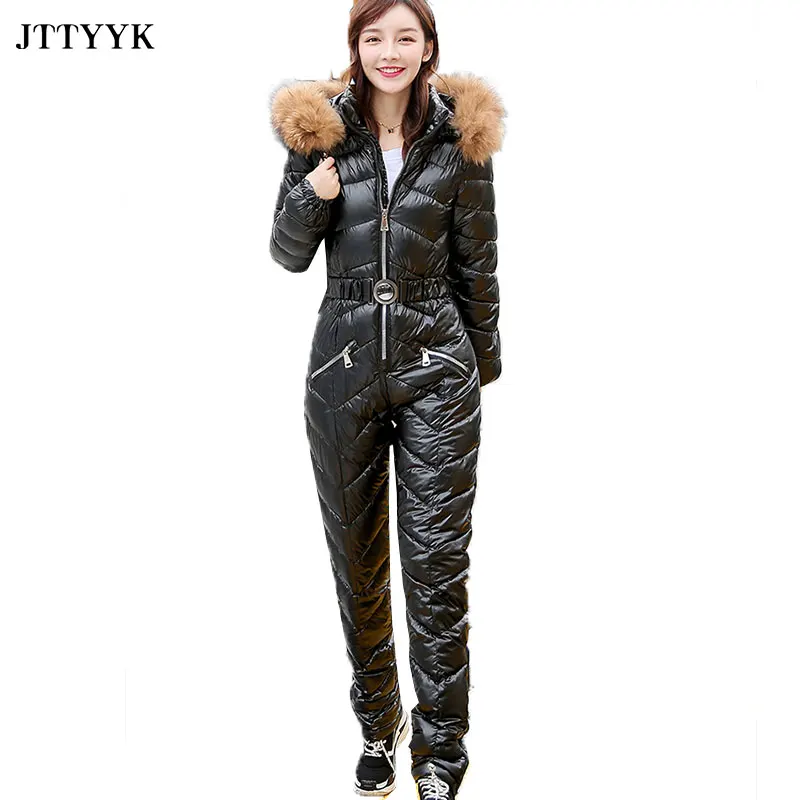 JTTYYK New Winter Women's Hooded Jumpsuits Parka Cotton Padded Warm Sashes Ski Suit Straight Zipper One Piece Casual Tracksuits