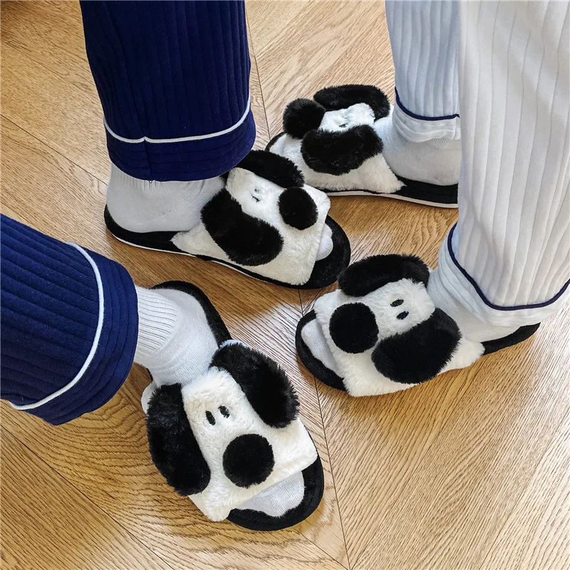 

Зима 2021, теплые женские домашние тапочки черно-белые Тапочки Dog, плоские плюшевые сланцы, женские мягкие удобные домашние тапочки