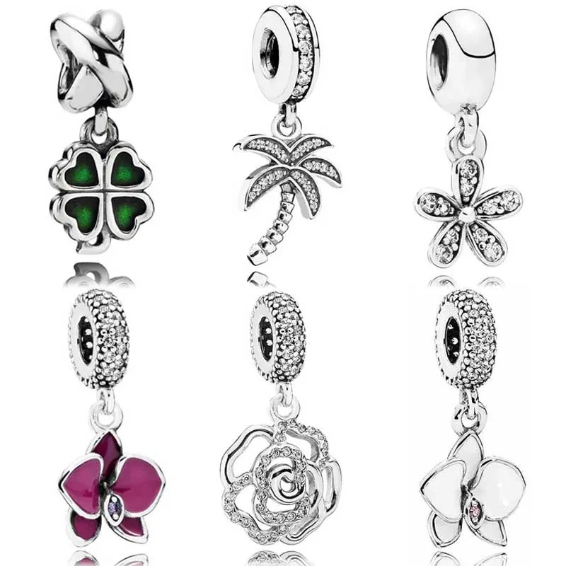 

Original Enamel Four-leaf Clover Flower Palm Tree With Crystal Pendant Fit Europe Bracelet 925 Sterling Silver Charm Jewelry
