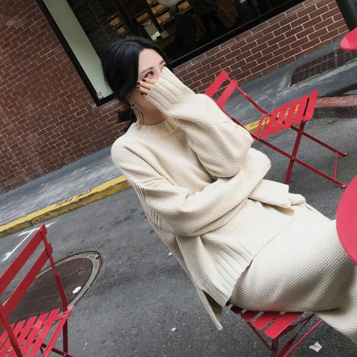 2020 зимний женский вязаный пуловер свитер + двухкомпонентная юбка средней длины