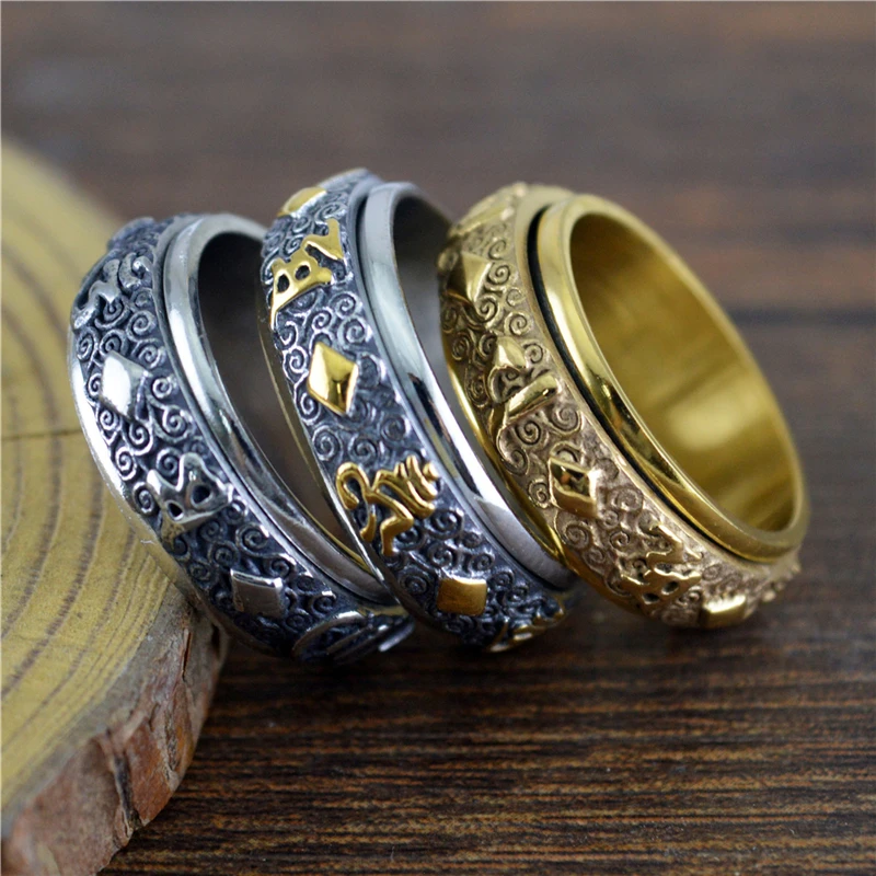

Religion Style Stainless Steel Engagement Jewelry For Women Gift Vintage Gold Colour Buddhism Letter Spinner Rings 2021 Newest