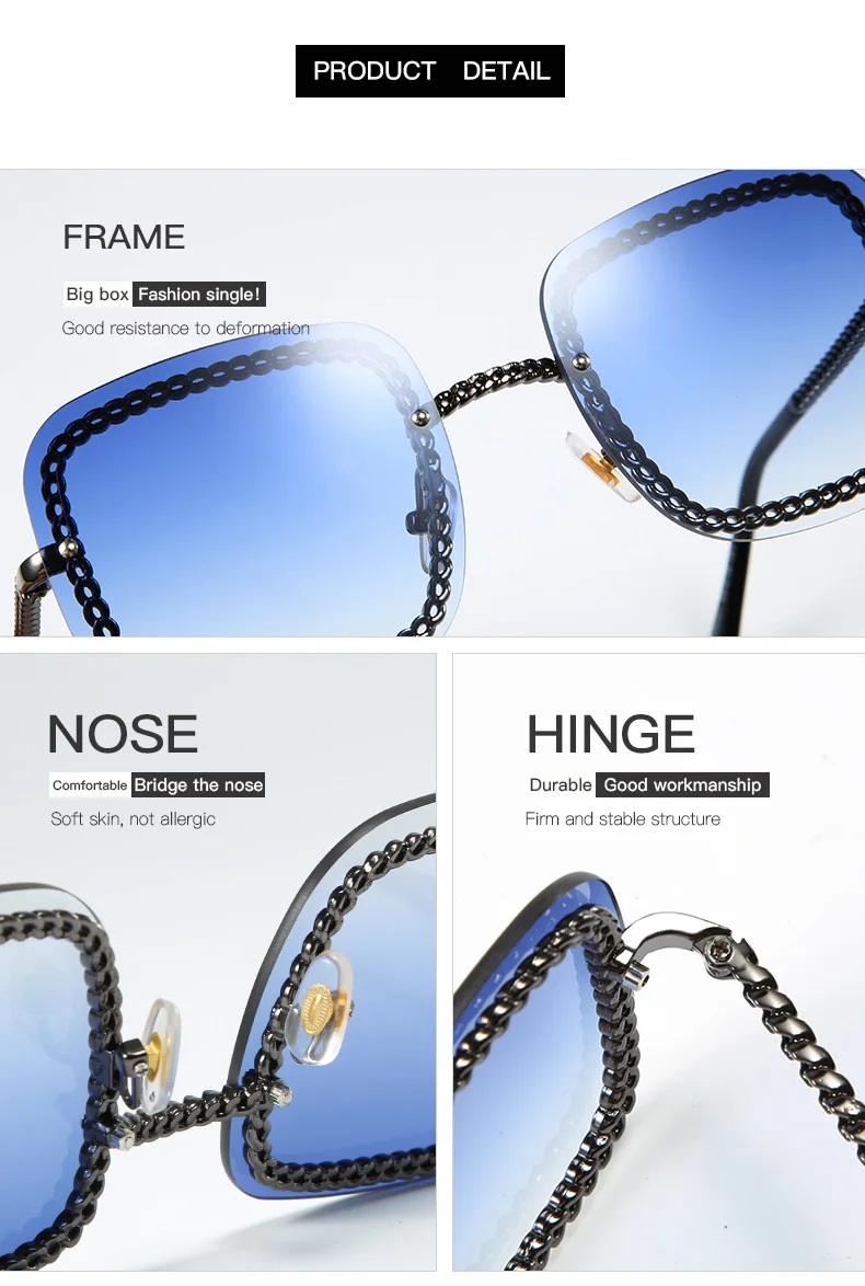 

2021 Oversized Chain Square Sunglasses Women Brand Designer Metal Square Eyewear Female Shades Sun Glasses UV400