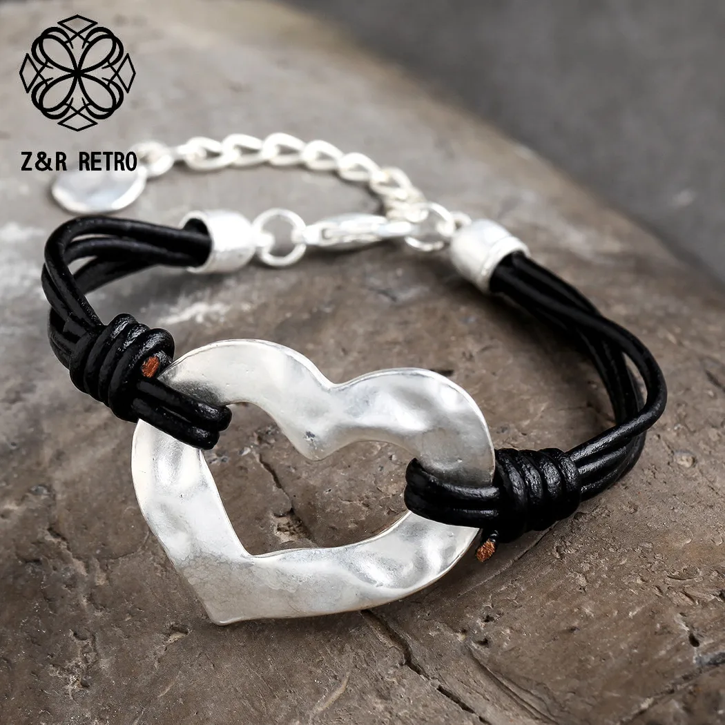 Silver Genuine Leather Heart Bracelets Jewelry For Women Charm New Year Gift 2019 Best Friends Accessories |