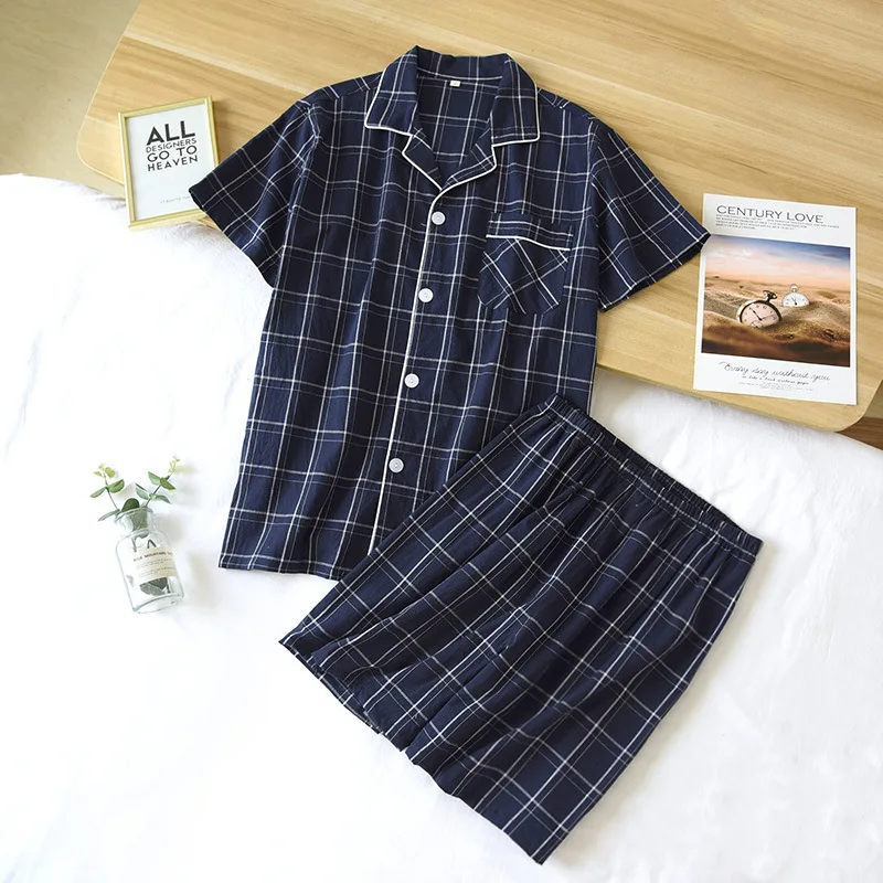 New summer men's 100% cotton pajamas two-piece large size thin short-sleeved shorts plaid casual home service set sleep wear men