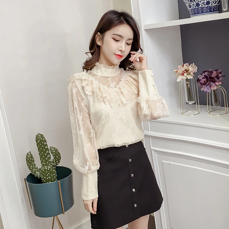 Женская шифоновая блузка с оборками кружевная длинным рукавом и сетчатым