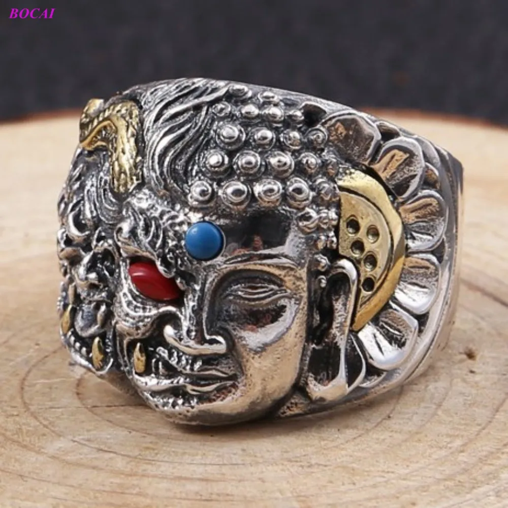 

Кольца из стерлингового серебра S925, новые модные ювелирные изделия между Буддой и дьяволом, оригинальное Открытое кольцо из тайского сереб...