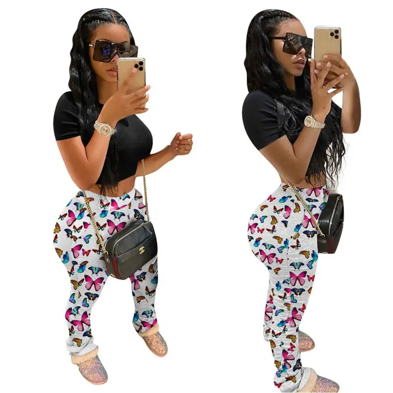 

HAOYUAN Butterfly Tie Dye Print High Waist Stacked Sweatpants Women Joggers Elastic Sexy Leggings Bottoms Trouser Ruched Pants