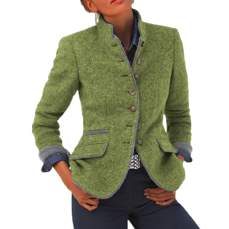 

New Ladies Retro Coat Solid Stand Collar Button Jackets Women Elegant Casual Winter Outwear Office Tops Women Slim Clothing 2020
