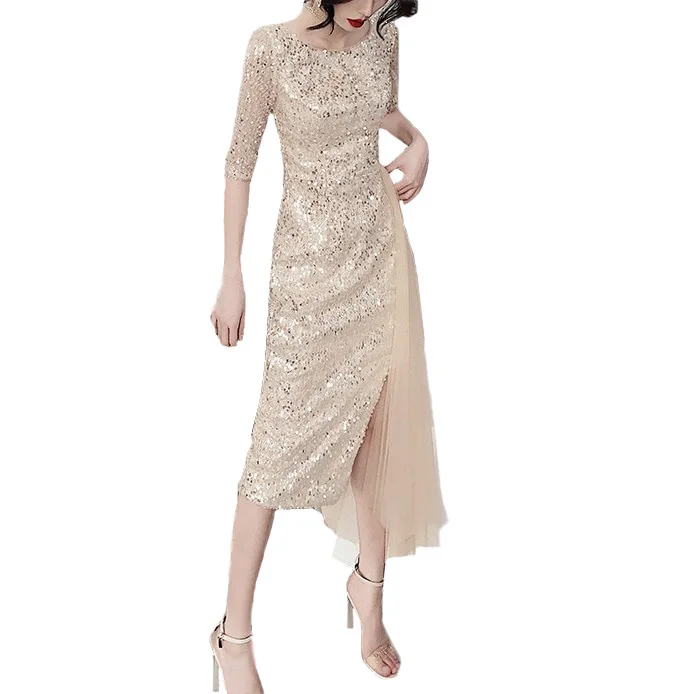 

Champagne Exquisite Sequins Mesh Trim Banquet Gown Lady Temperament O-Neck Prom Dresses Elegant Sexy Slim Formal Party Dress