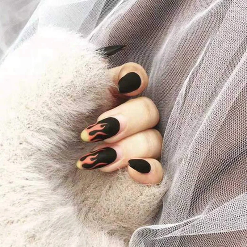 Накладные ногти 24 шт. черные длинные гвозди с пламенем полное покрытие вечерние