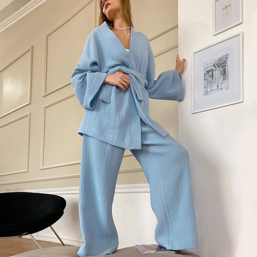 

Hiloc Cotton Sleepwear Women Pajama Robe Sets Flare Sleeve Nightgown Set Woman 2 Pieces Robes Woman Lace Up Casual Trouser Suits