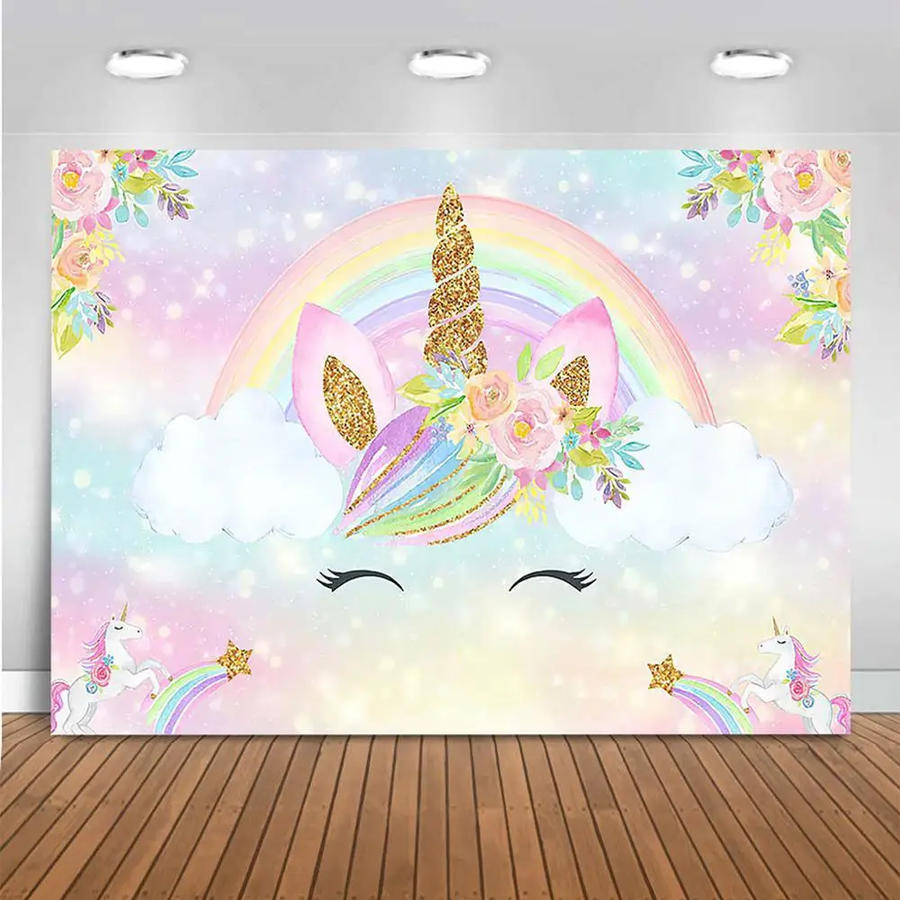 

Unicorn Rainbow Backdrop For Photography Girl Birthday Baby Shower Party Decoration Floral Smile Unicorn Background For Photo