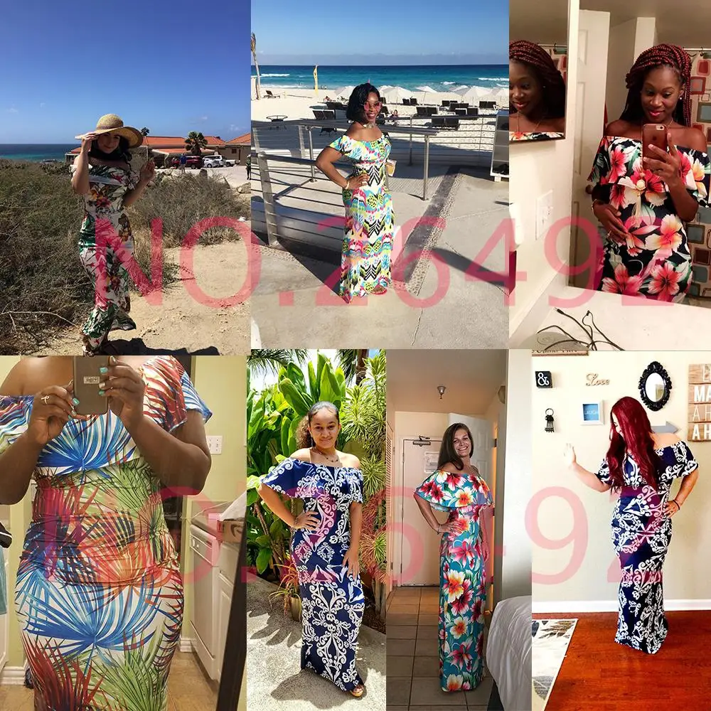

FORUDESIGNS Women Summer Breathable Slim Fashion Dress African Tribal Girl Prints Of Shoulder Long Dress Work Office Dress