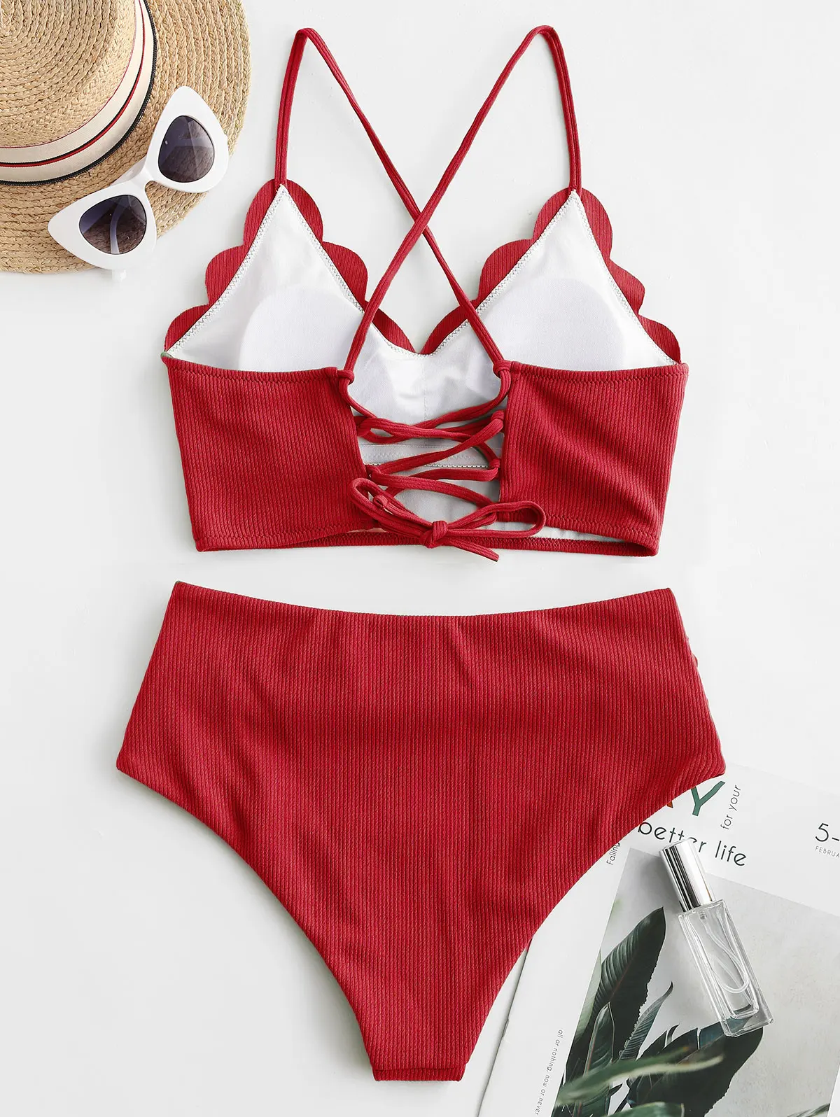 Zaful ребристые Scalloped Кружева Ruched танкини купальники для женщин