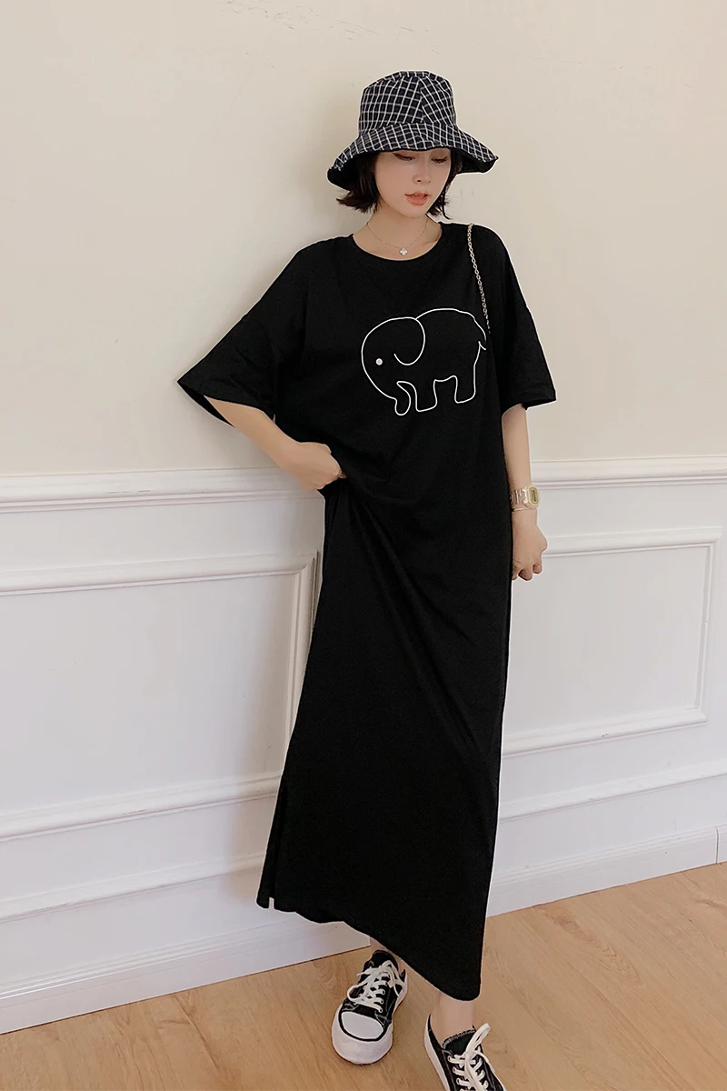 

Summer Comfortable Long Printed Split Short-Sleeve Long Dress Round Neck Commute Solid Color Korean Style Dresses For Ladies