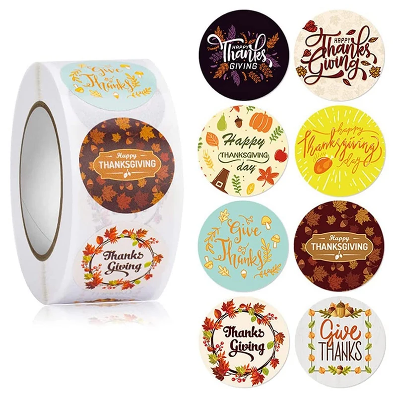 

2 Rolls 1000Pcs 1 Inch 8 Pattern Thanksgiving Day Stickers Roll Turkey Stickers for Thanksgiving Party Favors Supplies