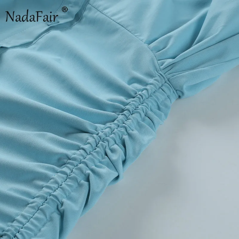 

Nadafair Long Sleeve Turn-Down Collar Shirt Dress White V Neck Sexy Ruched Drawstring Autumn Mini Dress for Women Blouse
