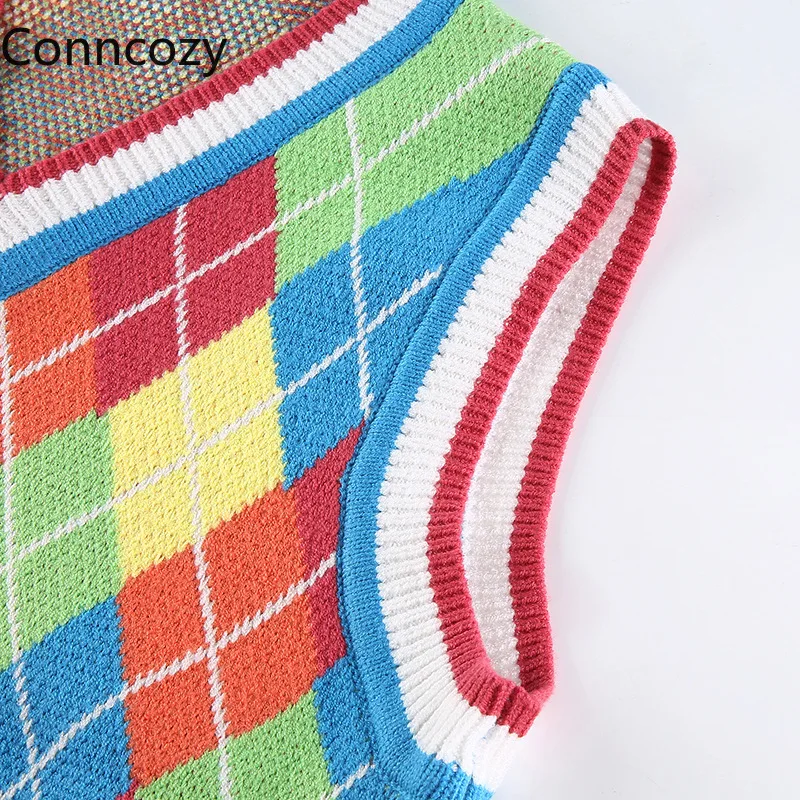 

College Preppy Argyle Sweater Vest 2020 Women Winter Autumn Rhombus Knitted Sweaters V-neck Contrast Color Pullover pull femme