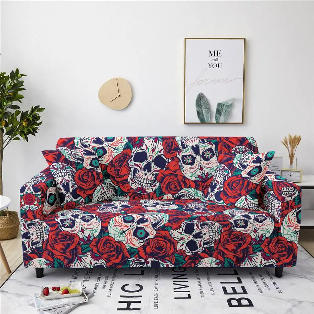 

2021 skull floral printed sofa cover for living room furniture protector stretch couch cover elastic 1/2/3/4 seat slipcover