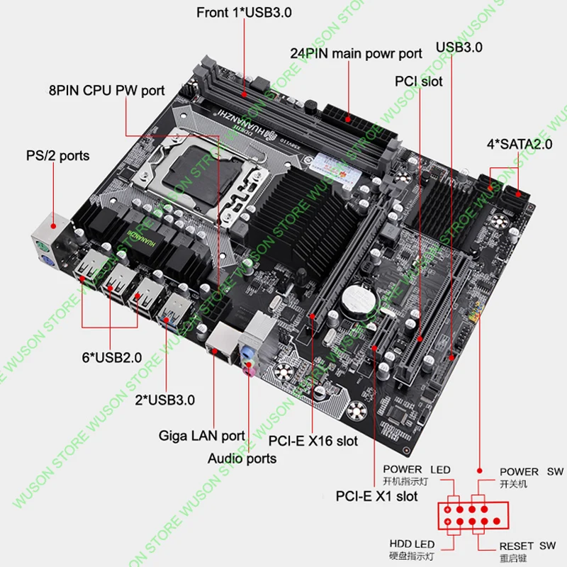 Материнская плата HUANANZHI X58 LGA1366 с процессором Intel Xeon E5640 2 66 ГГц ОЗУ 16 Гб (2*8 ГБ) RECC
