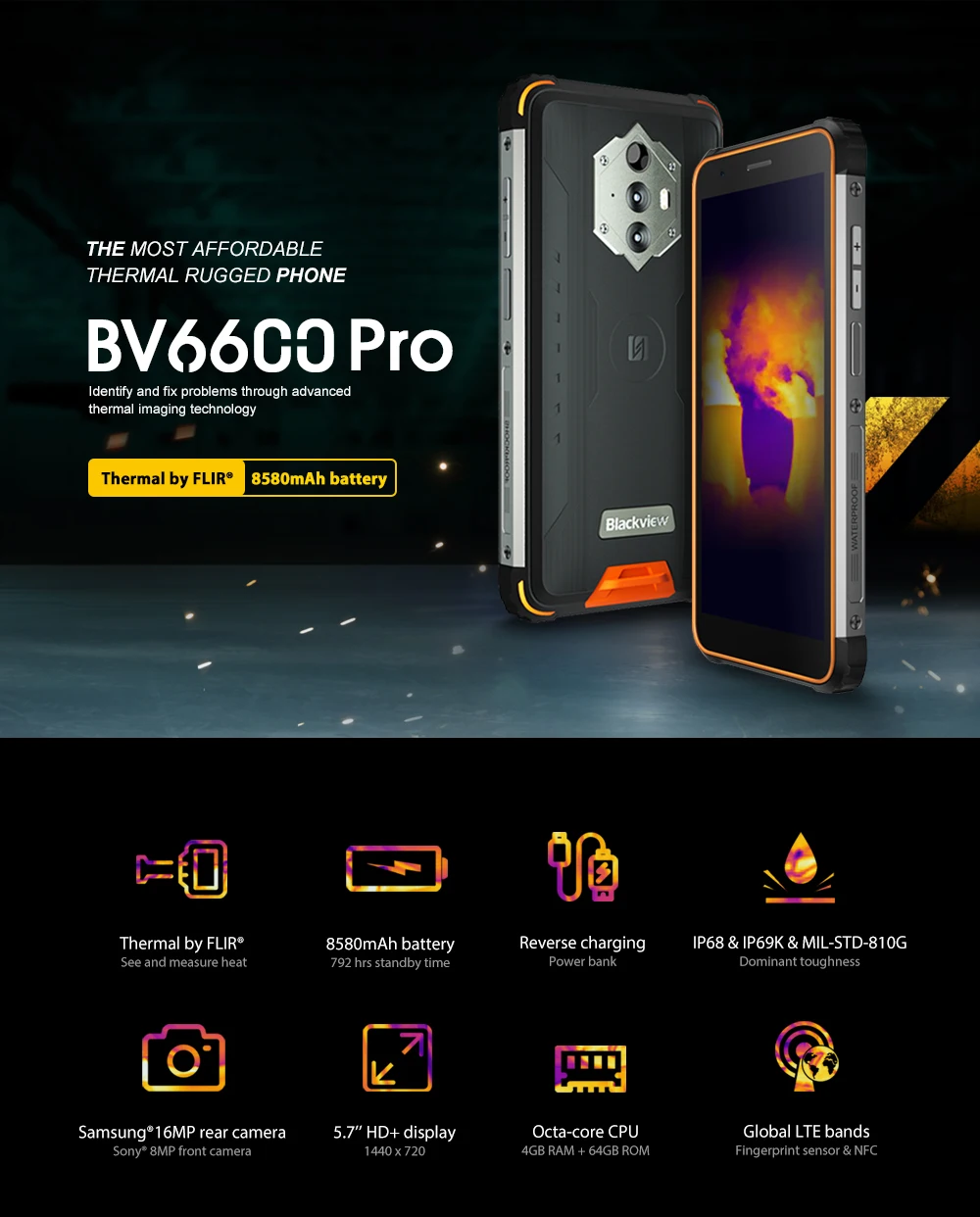 Смартфон Blackview BV6600 Pro защищенный IP68/IP69K 4 + 64 ГБ 5 7 дюйма Android 11 NFC 8580 мАч | Мобильные
