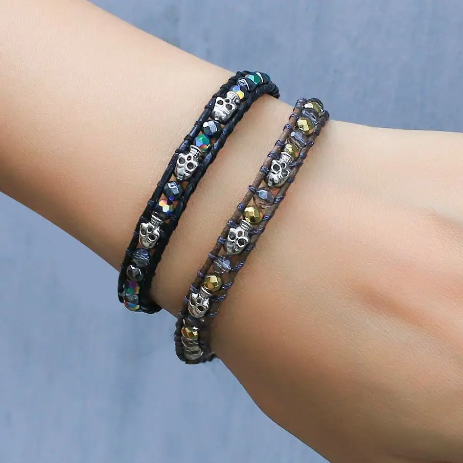 

KELITCH Charm Punk Bracelet Skull Beaded Crystal Leather Wrap Bracelets Jewelry for Women Undefined Anillos