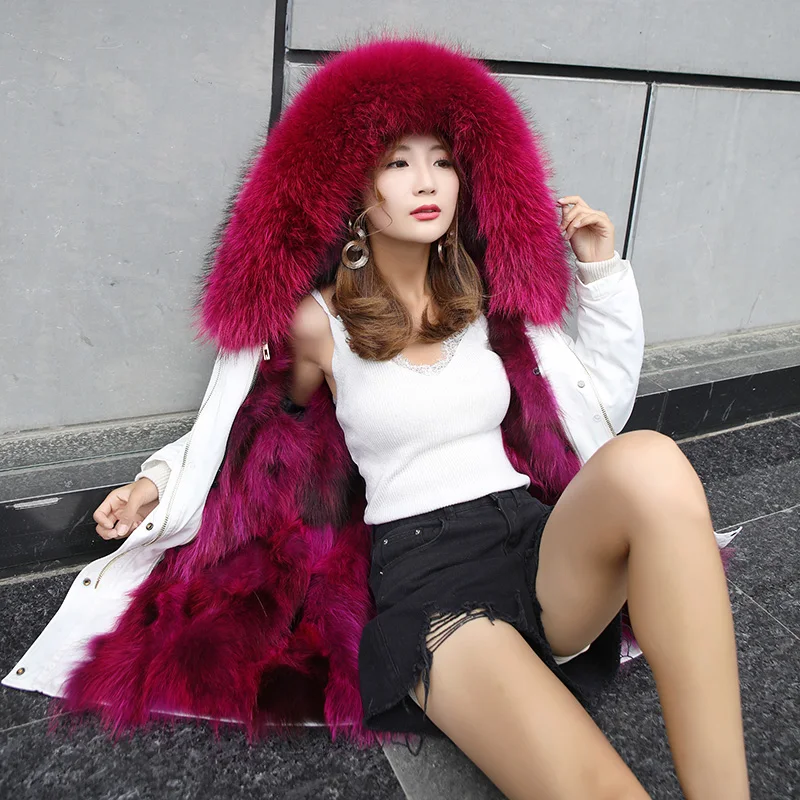 

2021 Real Fox Fur Coat Long Parka Winter Jacket Women Natural Raccoon Fur Collar Outerwear Streetwear Warm
