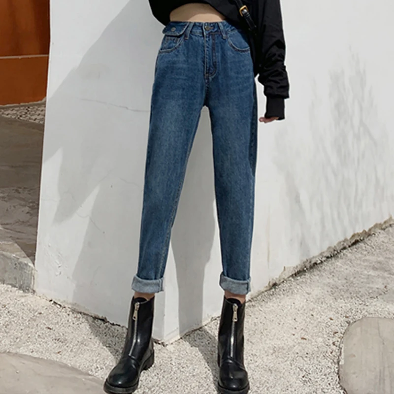 Женские джинсы с высокой талией в Корейском стиле Шаровары свободного покроя