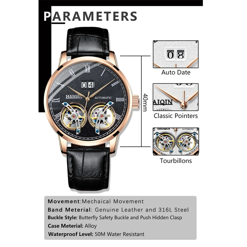 Часы наручные HAIQIN Мужские механические Автоматические брендовые Роскошные в