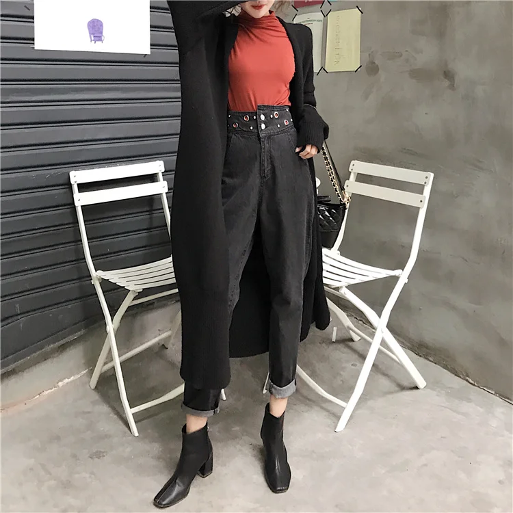 

SHENGPALAE Streetwear Black Rivet Jeans Women's Summer 2021 New High Waist Solid Color Loose Harem Denim Pants Female Tide