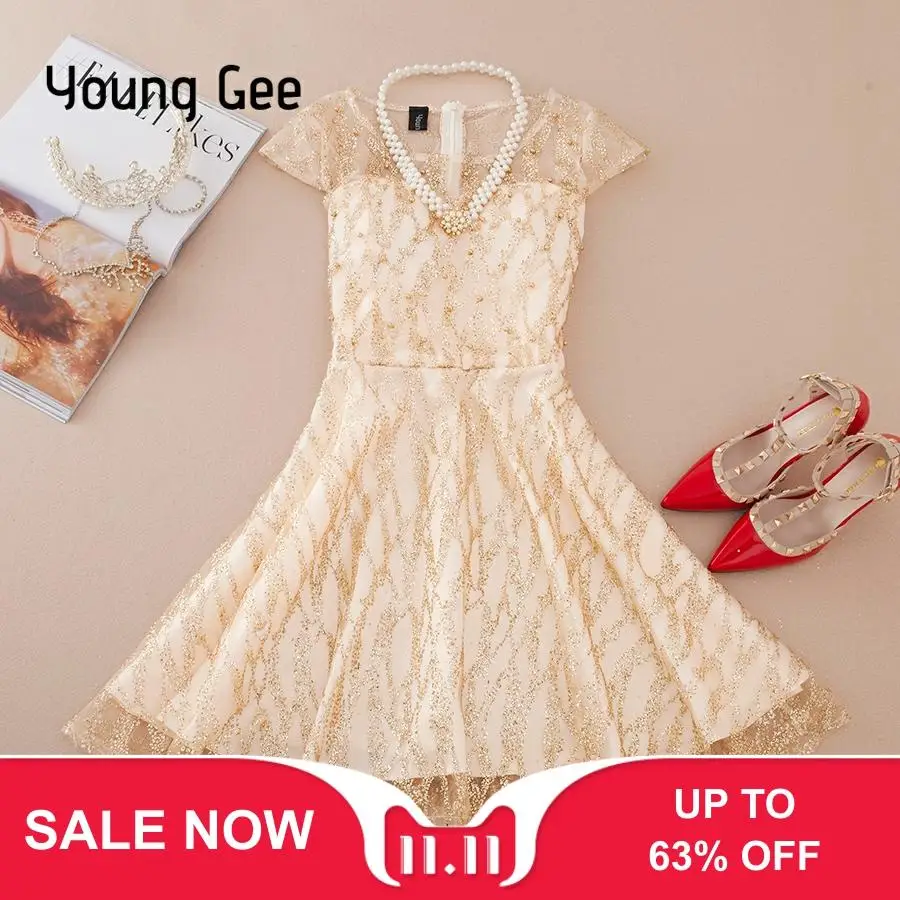 Young Gee элегантные кружевные короткие платья лето осень бисер блестящие блестками