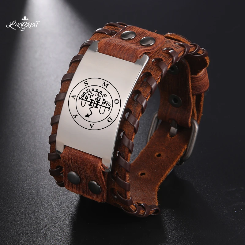 

Kings Stainless Steel Charm Men's Wide Leather Wrap Bracelets 72 Demon of Solomon Talisman Viking Bangles Punk Rock Men Jewelry