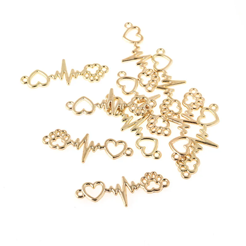

10pcs Gold Silver Color Heart Electrocardiogram Dog Paw Print Connector Accessories For Jewelry Making Necklace