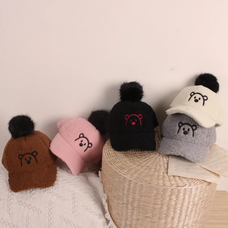 

Cartoon Embroidery Kids Baseball Cap Cute Pompom Lamb Wool Baby Girl Boy Sun Hat Winter Warm Hat For Children