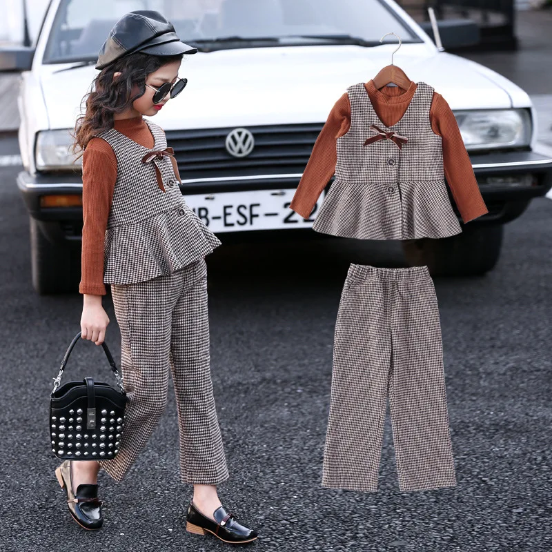 Детская одежда весенне-осенний клетчатый жилет футболка и брюки модный костюм