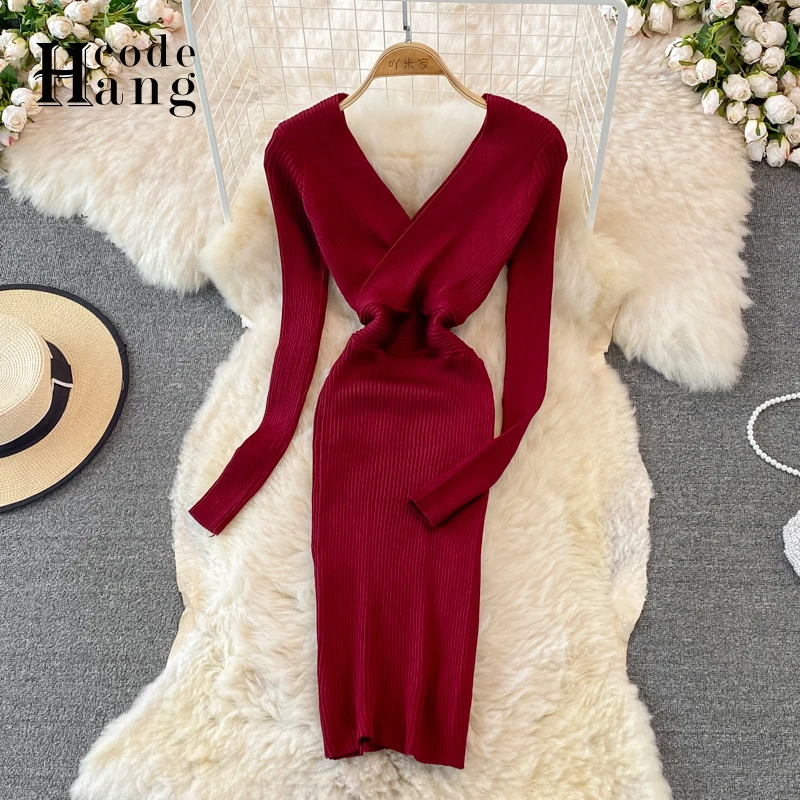 

HangCode Ins Fashion Sexy Deep V Neck Knitted Women Dress 2021 Elegant Slim High Waist Party Bodycon Black Ladies Office Dresses