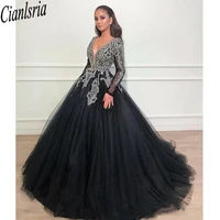 dubai arabic black ball gown prom dresses v neck long sleeves sequined beads lace applique sweet 16 dresses quinceanera dresses
