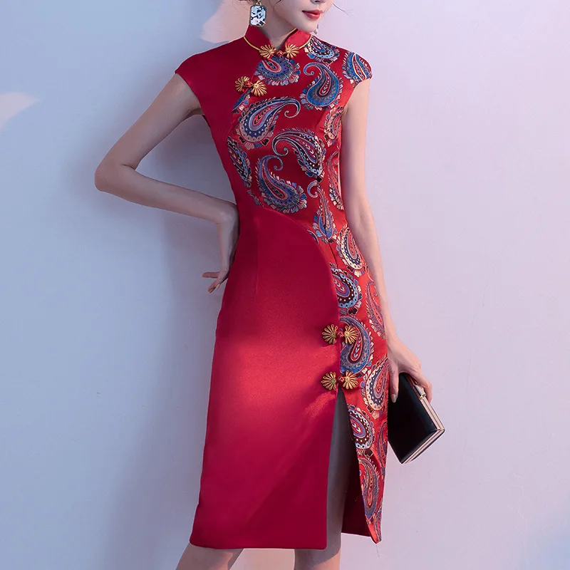 

Tight Print Floral Burgundy Cheongsam Female Plus Size 3XL-5XL Satin Qipao Bride Wedding Chinese Dress Gown Classic Vestidos