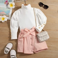 2022 spring new arrival girls fashion knitted 2 pieces set puff sleeve sweatshirtsolid skirt girls outfits children clothing 6y