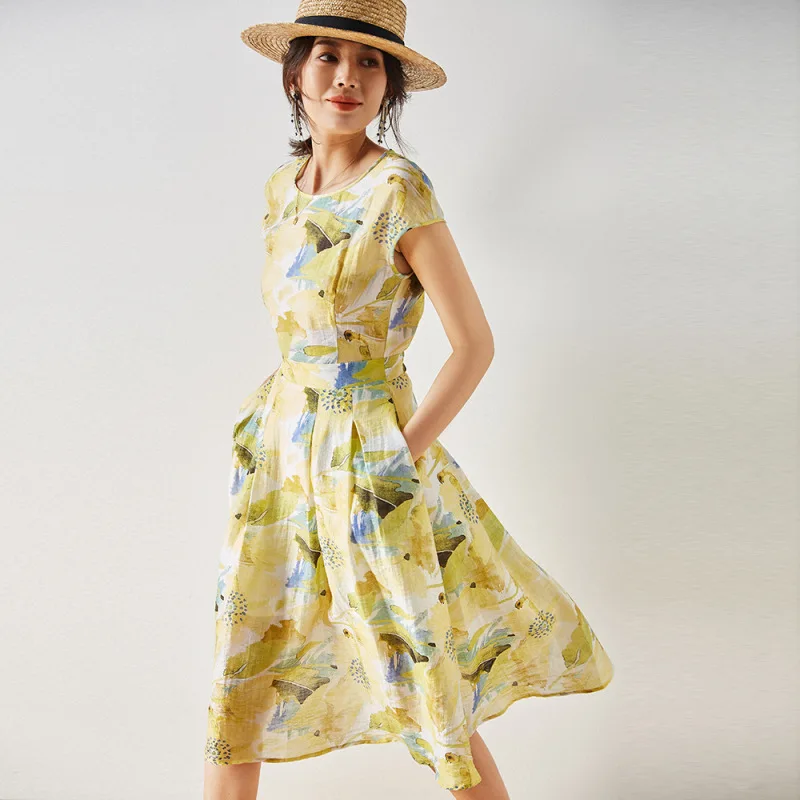 

Summer New Style Ink Printing Sweet Temperament Round Neck Big Waist Elastic Flower Dress