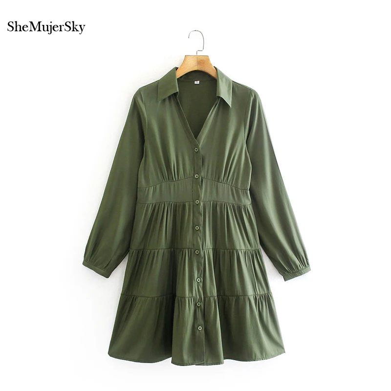

SheMujerSky Women Turn-down Collar Single Breasted Dress 2021 Spliced A-line Army Green Dresses vestidos