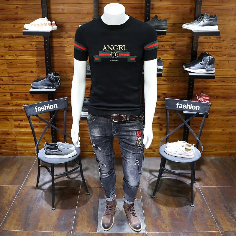 

Men 's Short Sleeve Shirt Sweaters Base Shirt Round Neckline Slim -Fit Letters Embroidery Trend All -Matching Woolen