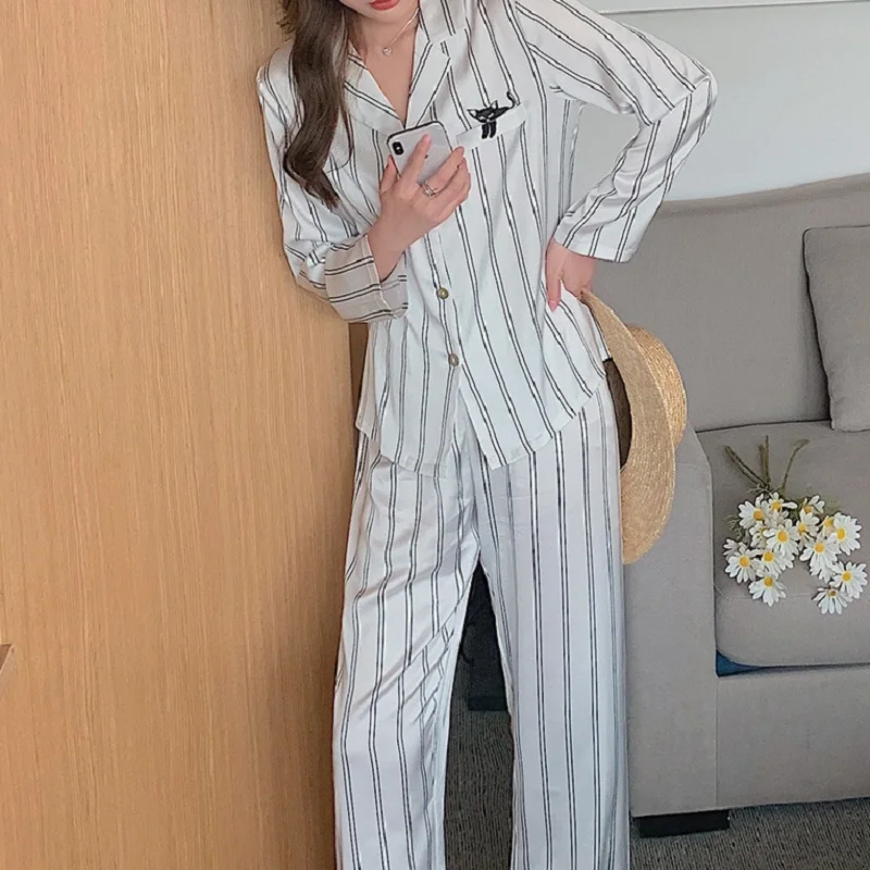 

Satin Striped Long-sleeve Trousers Women Pajamas Set with Lace-up Home Clothes 2 Piece Sets Womens Outfits Summer Pajamas Female
