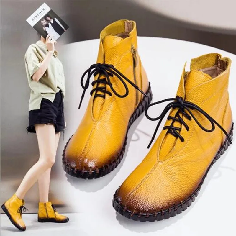 

BEYARNE 2021Autumn Winter Warm Ankle Boots For Women Handmade Genuine Leather Flat Boots Fashion Side Zipper Women Short Boots